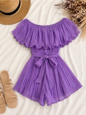 Flying Tomato lavender pleated chiffon off shoulder romper